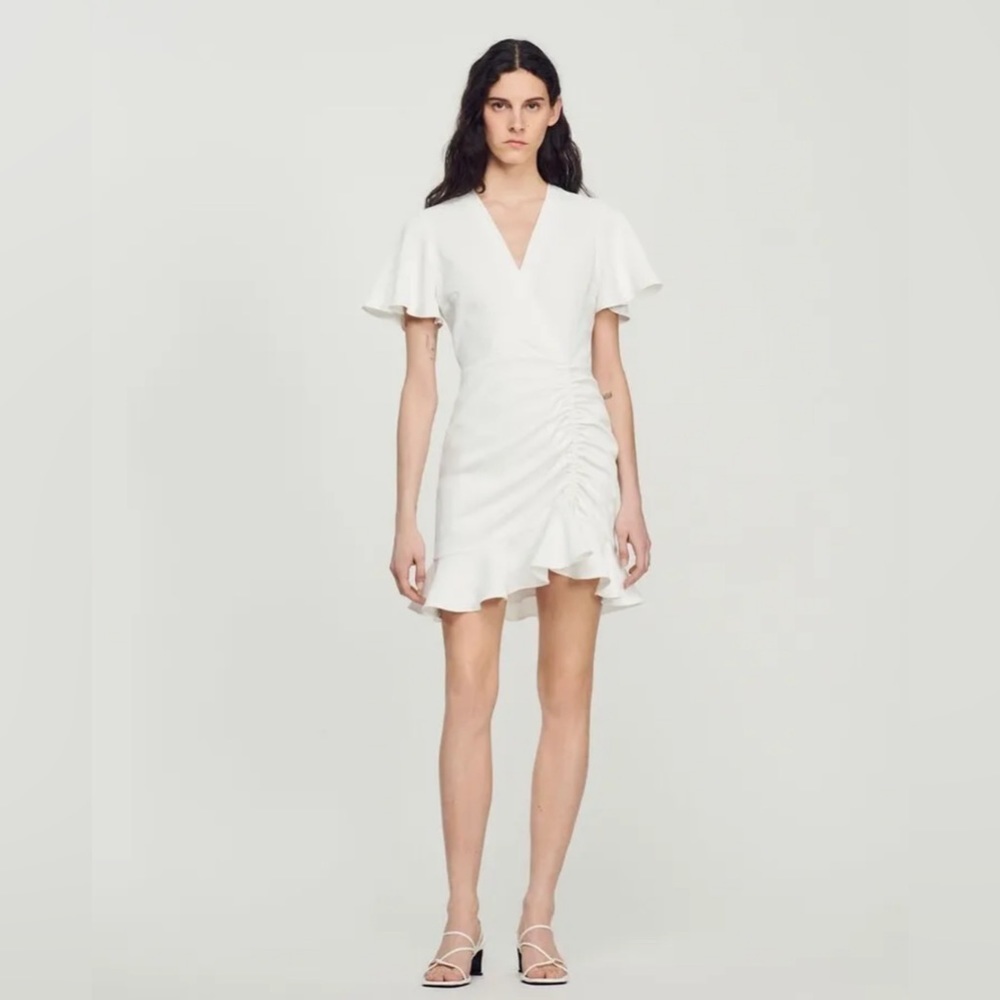 Sandro White Crepe Crossover Ruffle Mini Dress FR 36 US 4 NWT